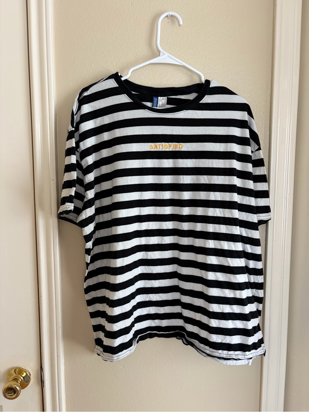 Black and white striped satisfied tee